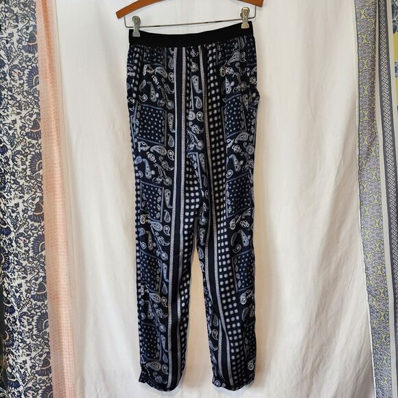VILA Blue White Silky Jogger Pants Pockets Black Elastic Size S - Picture 5 of 8
